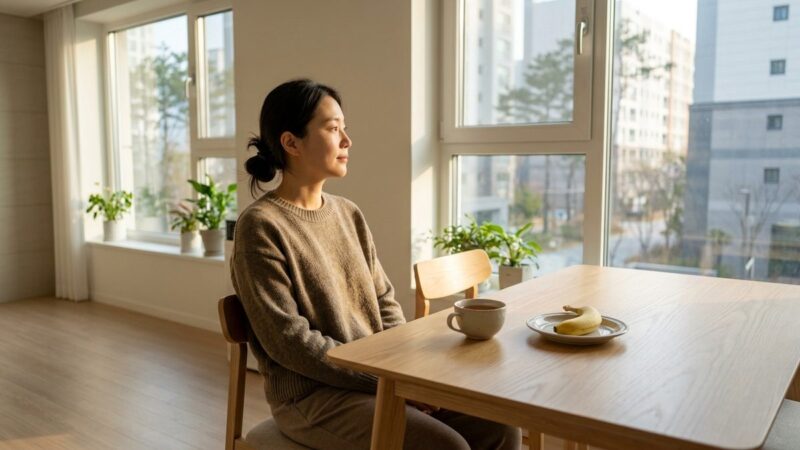 생리 전 식욕 사진, 따뜻한 햇살이 드는 창가 식탁에서 찻잔과 바나나를 두고 창밖을 보는 여성