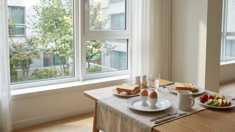 아침 공복 점심 폭식 사진, 창가 식탁 위에 차린 삶은 달걀과 토스트, 과일 아침 식사