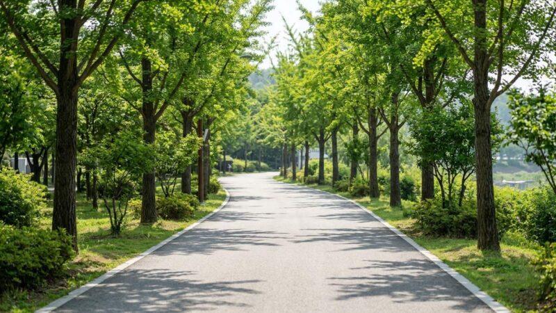 다이어트 정체기 원인 사진, 아침 햇살이 비치는 나무가 늘어선 한적한 산책길